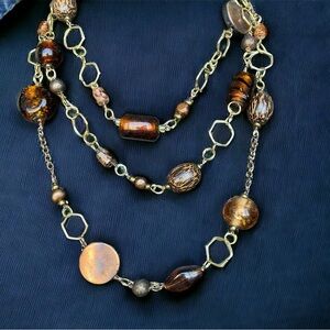 Avon Three Strand Glass Beaded Necklace Shades of Brown Gold Tone 18” Length